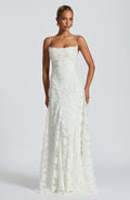 Women's Maxi Evening Gown Sleeveless with Cowl Neck and A-Line Silhouette - Ivory