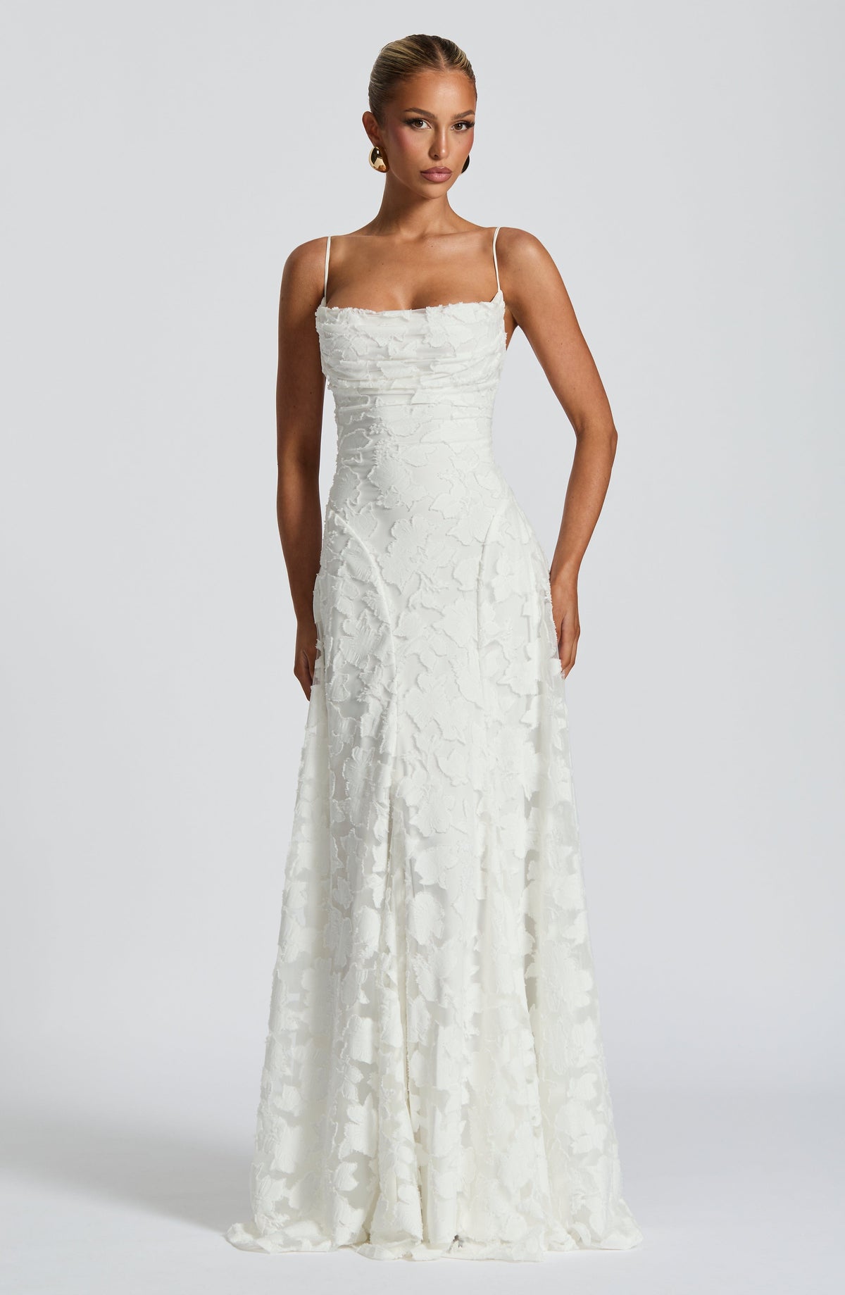 Women's Maxi Evening Gown Sleeveless with Cowl Neck and A-Line Silhouette - Ivory