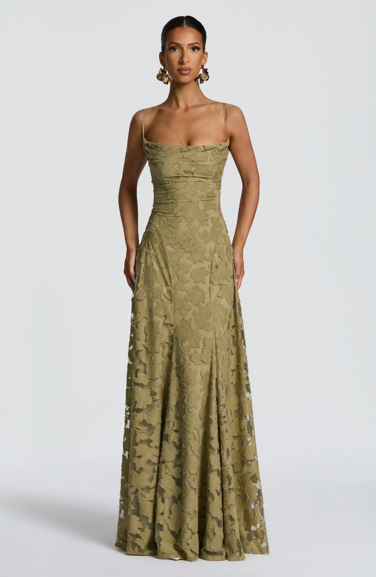 Women's Maxi Evening Gown Sleeveless with Cowl Neck and A-Line Silhouette - Sage