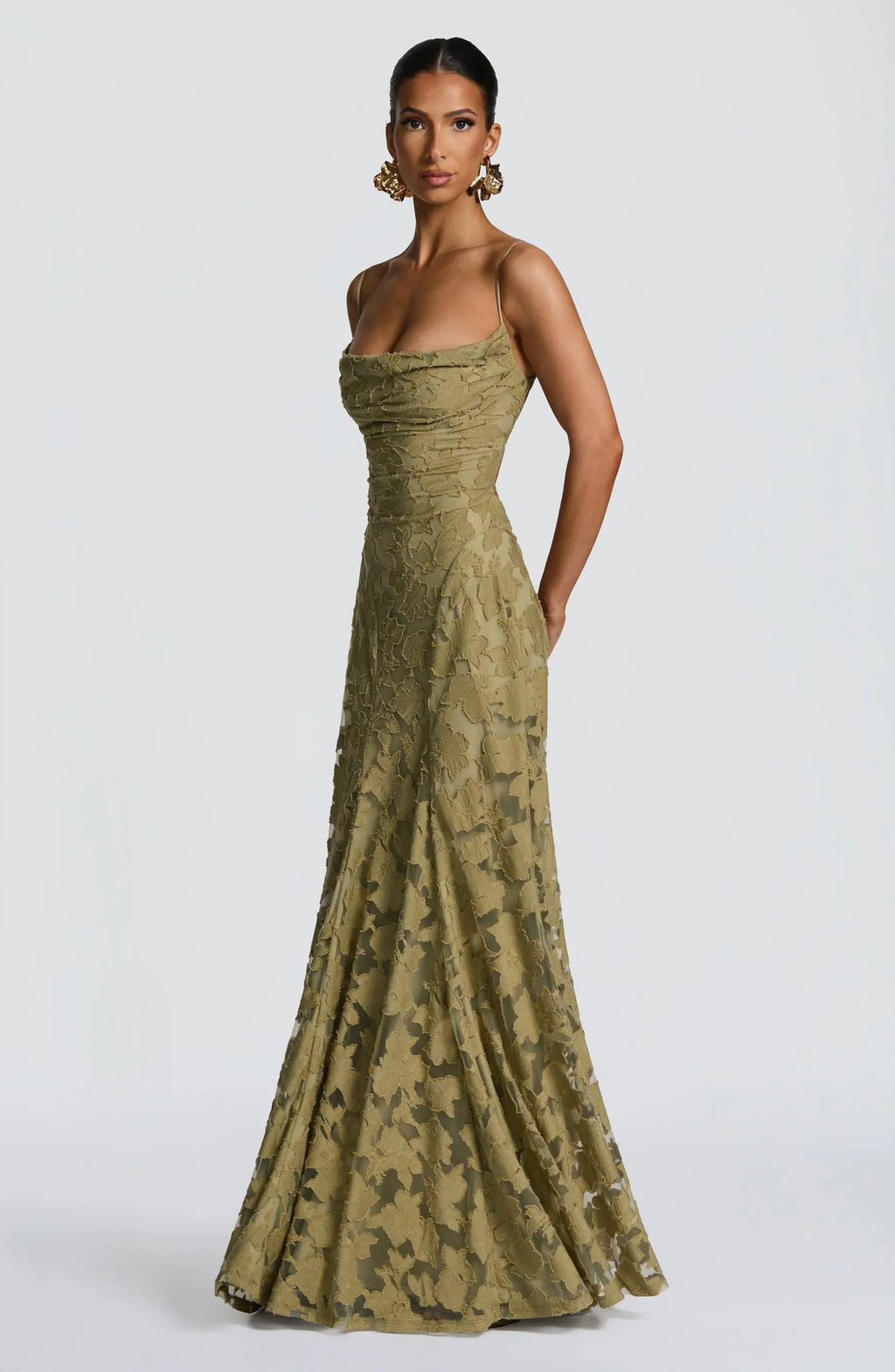 Women's Maxi Evening Gown Sleeveless with Cowl Neck and A-Line Silhouette - 7