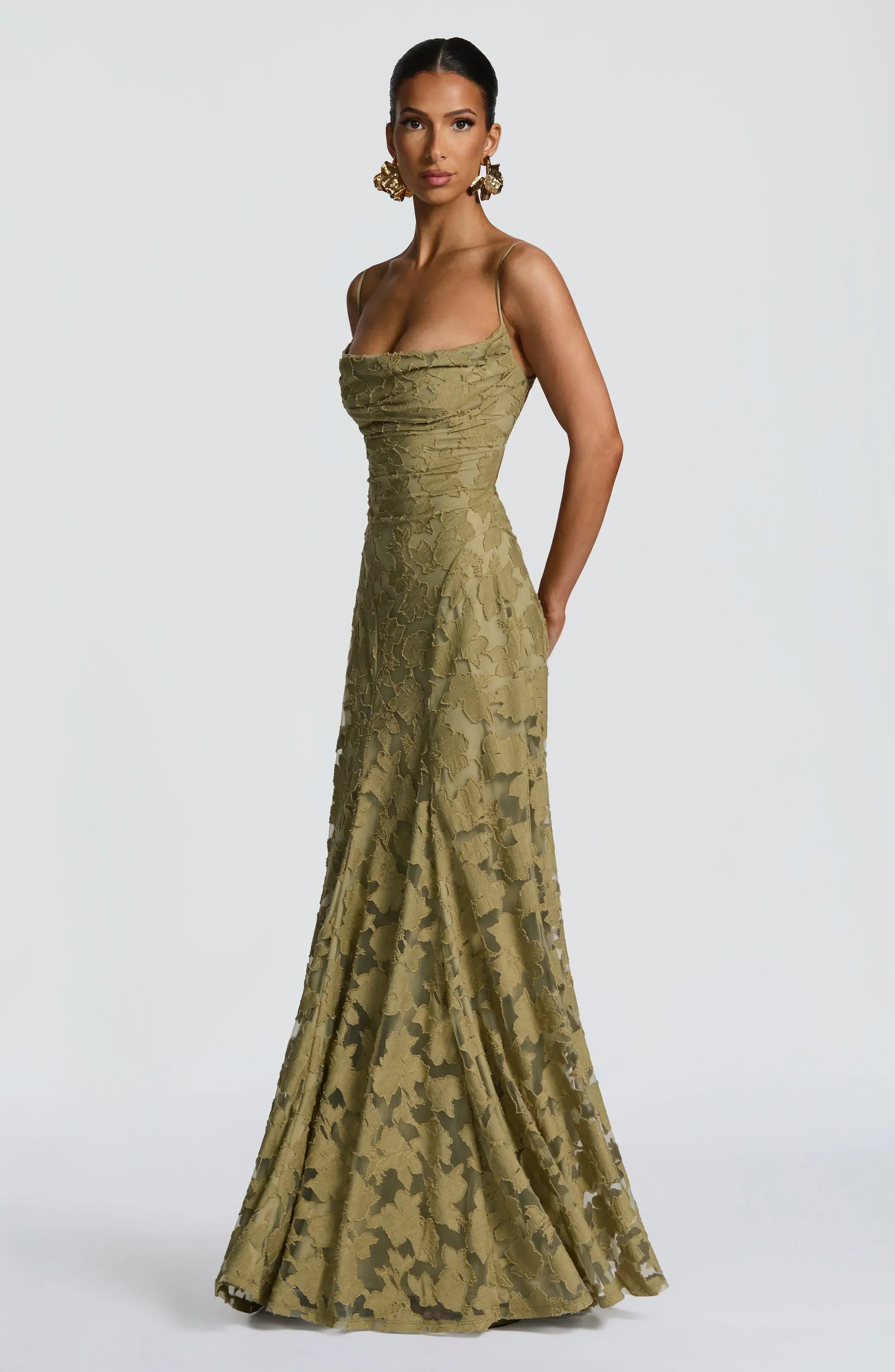 Women's Maxi Evening Gown Sleeveless with Cowl Neck and A-Line Silhouette - 7