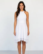 Women's Halter Dress Sleeveless with Ruffle Hem and Flared Skirt - White