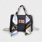 Women's Handbag with Scarf Detail and Chain Strap - Black Crocodile