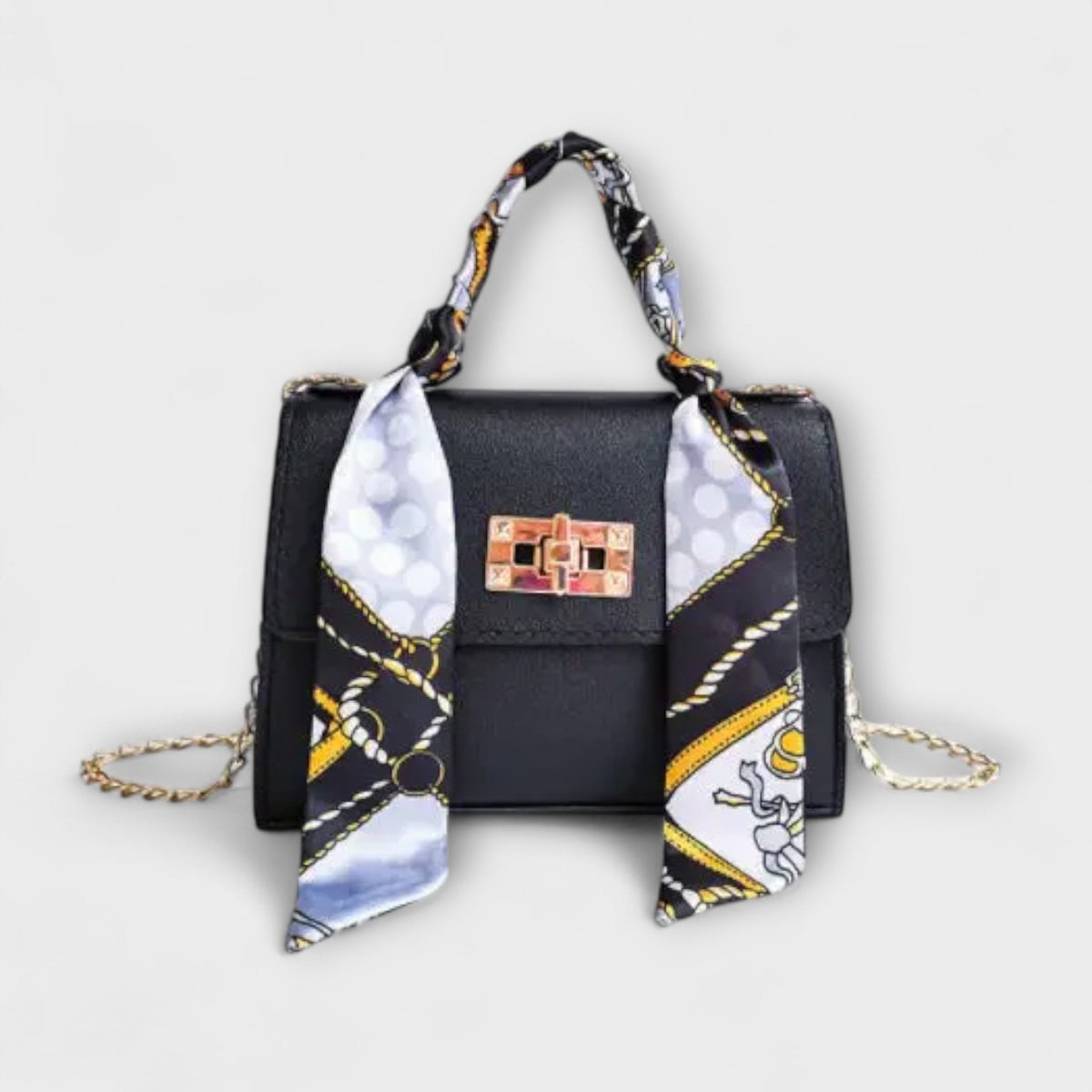 Women's Handbag with Scarf Detail and Chain Strap - Black Crocodile