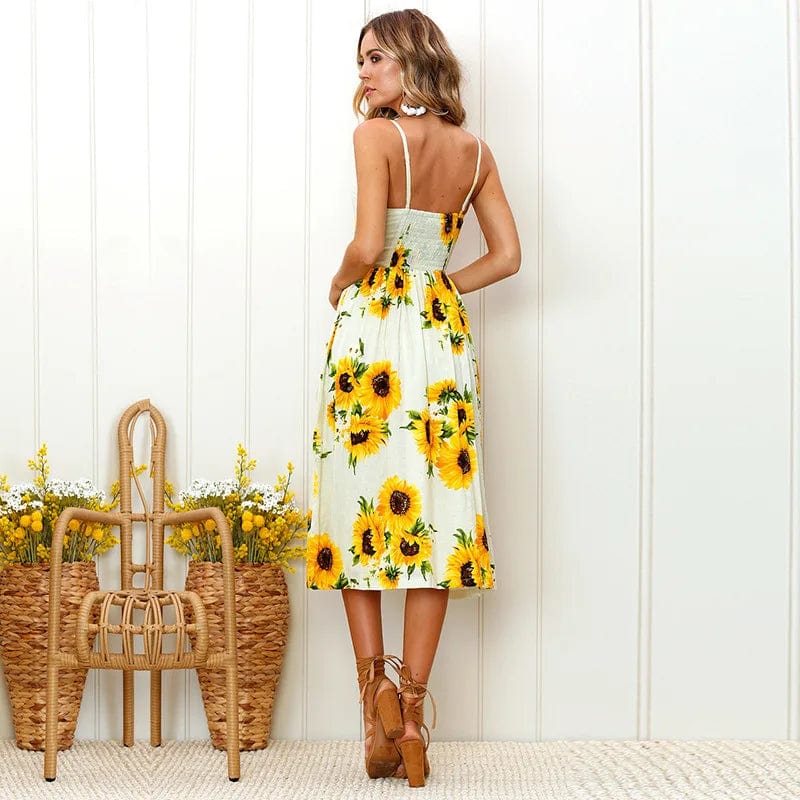 Women's Sunflower Print Sundress with Adjustable Straps and Button Front - 3