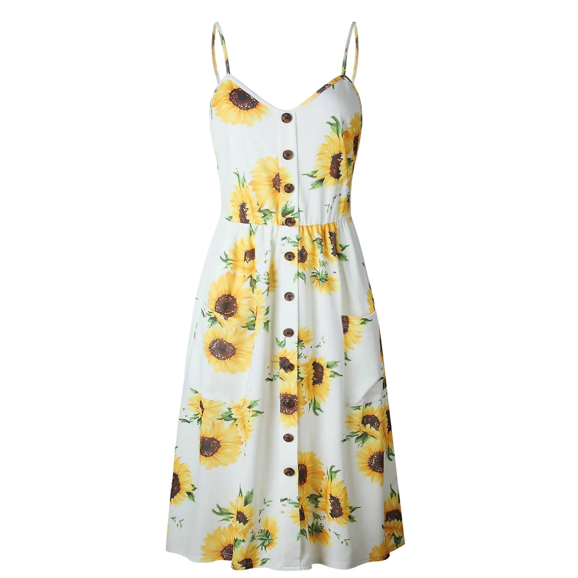 Women's Sunflower Print Sundress with Adjustable Straps and Button Front - 4