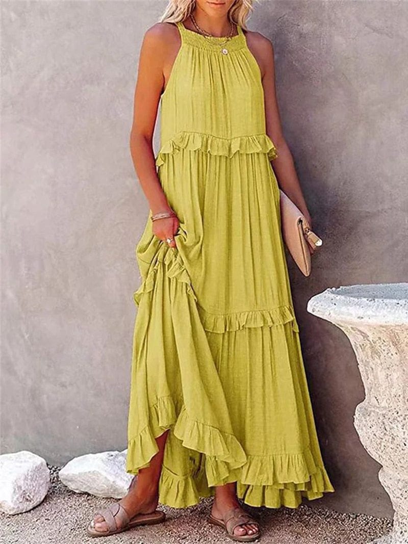 Women's Sleeveless Halter Neck Maxi Dress with Ruffle Tiers - 2
