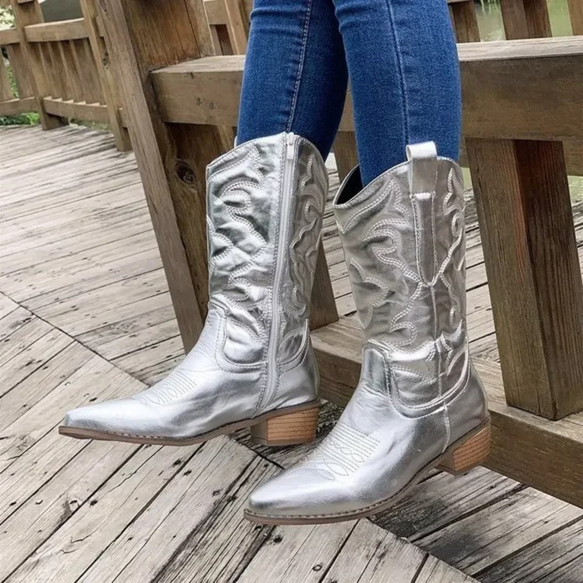 Women's Cowboy Boots Pointed Toe with Embroidered Shaft - Silver