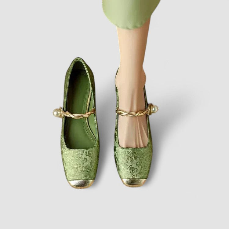 Women's Mary Jane Shoes with Block Heel and Buckle Strap - Green
