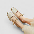Women's Mary Jane Shoes with Block Heel and Buckle Strap - Beige