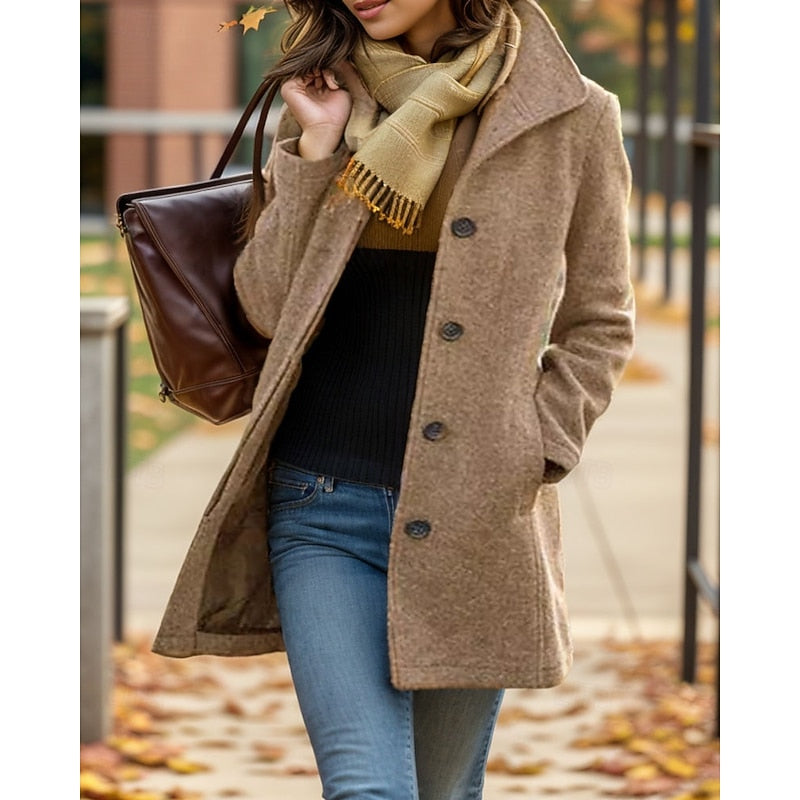 Women's Button-Front Turndown Collar Coat - Khaki