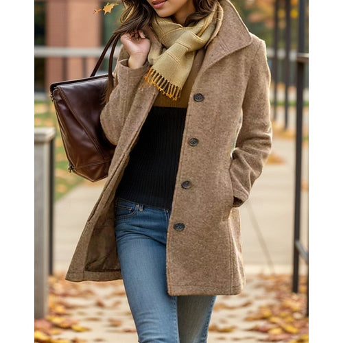 Women's Button-Front Turndown Collar Coat - Khaki