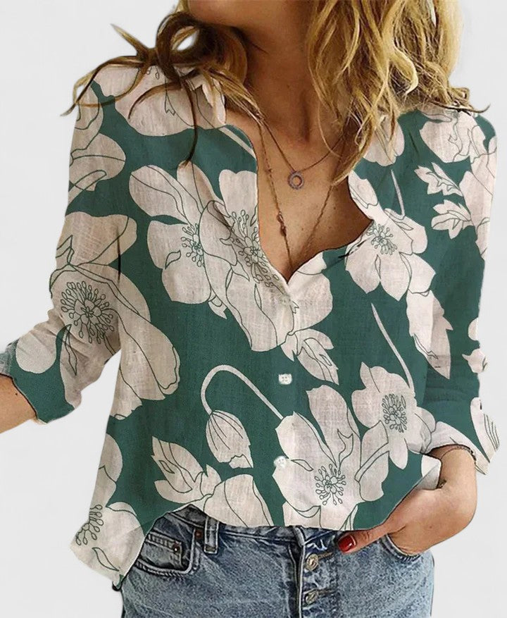 Women's Button-Down Shirt with Lapel Collar and Long Sleeves - Green 2