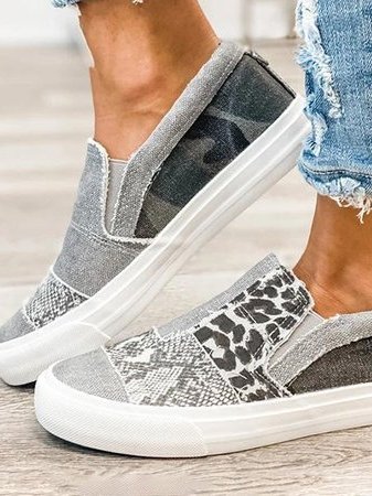 Women's Patchwork Slip-On Trainers with Animal Print - 11