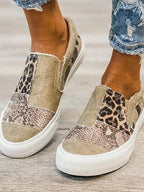 Women's Patchwork Slip-On Trainers with Animal Print - Khaki