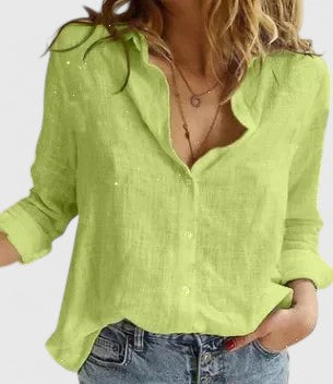 Women's Button-Down Shirt with Lapel Collar and Long Sleeves - Green