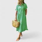 Women's Striped Shirt Dress Short Sleeve Button-Front Midi - Green