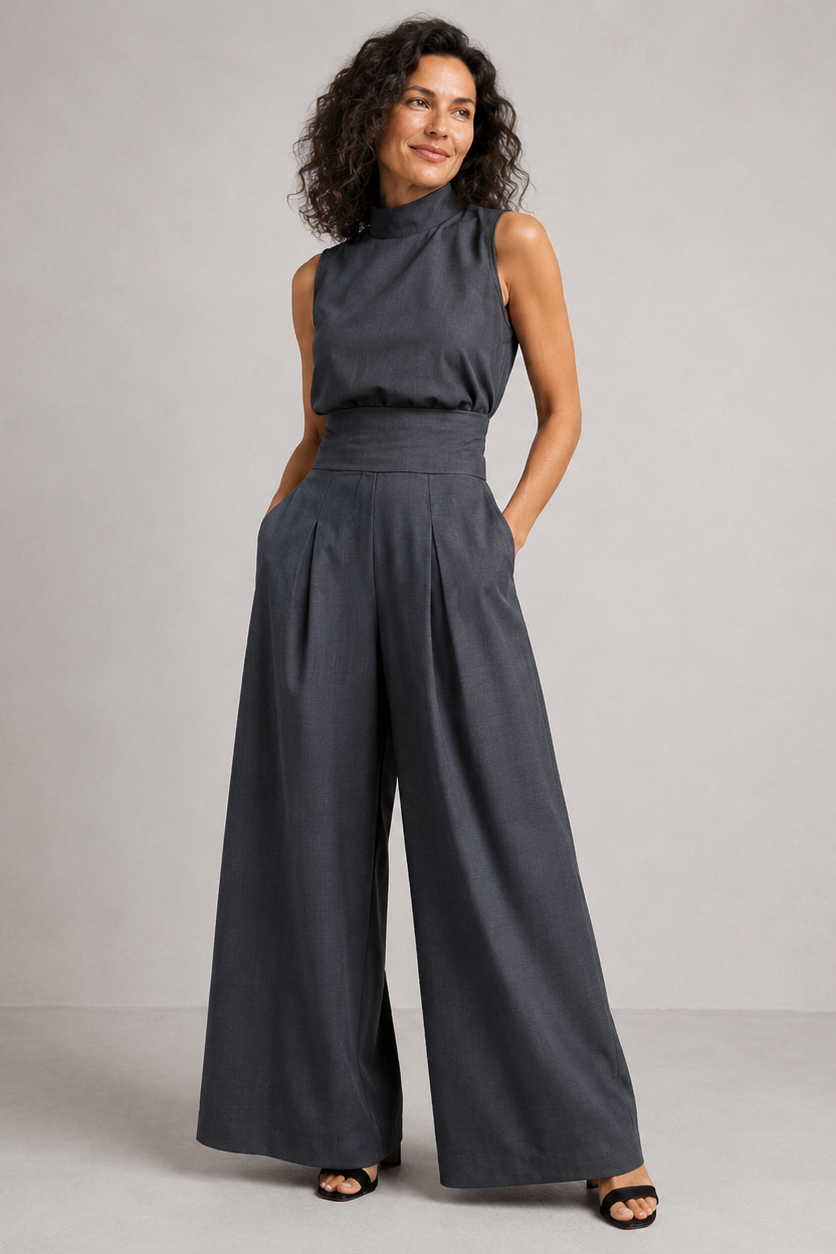 Women's Sleeveless Wide Leg Jumpsuit with High Neck and Wrap Belt - Graphite