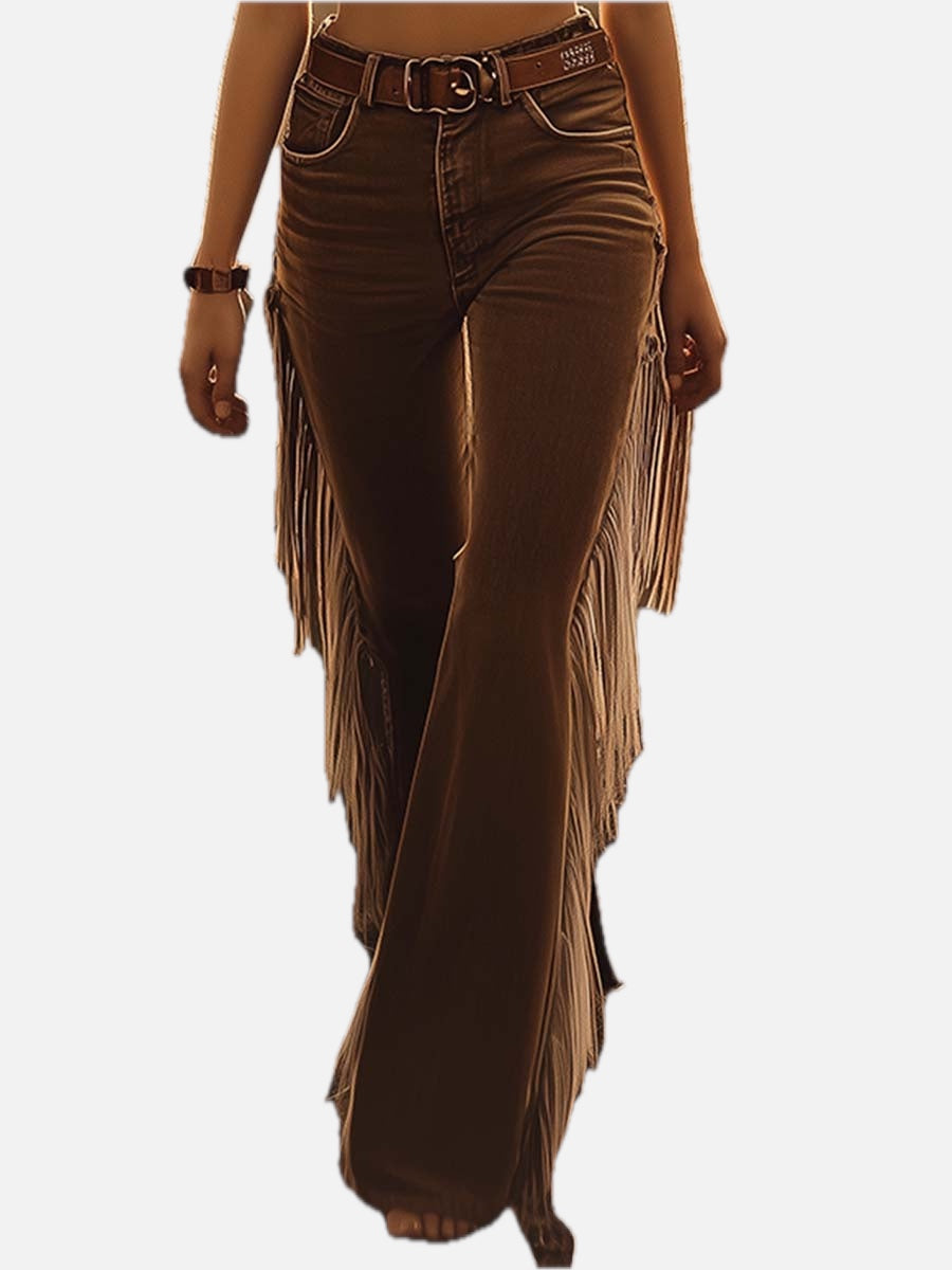 Women's High Waist Flare Jeans with Side Fringe Detail
