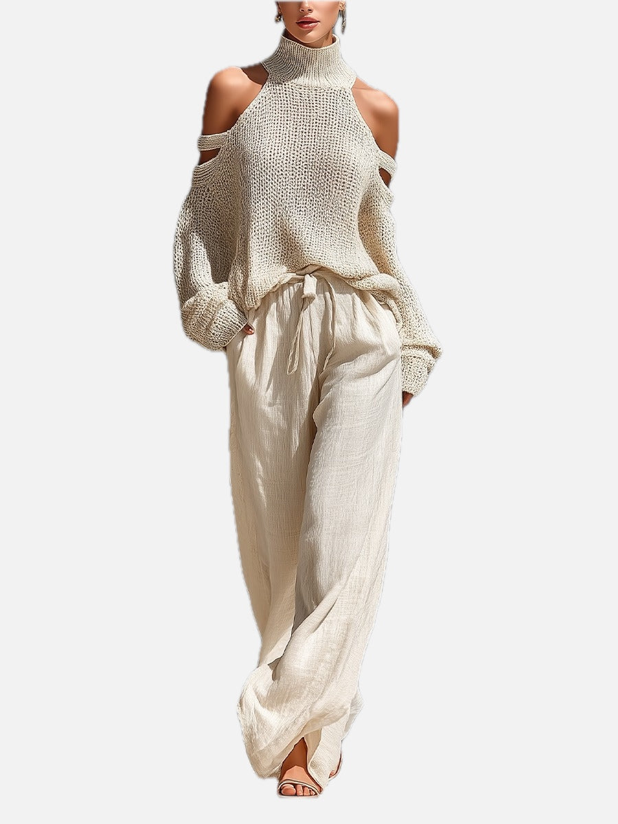 Women's Cold Shoulder Knit Top and Wide Leg Trouser Set