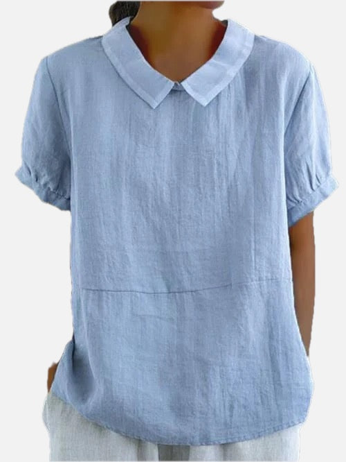 Women's Blouse Relaxed Fit with Peter Pan Collar and Short Sleeves
