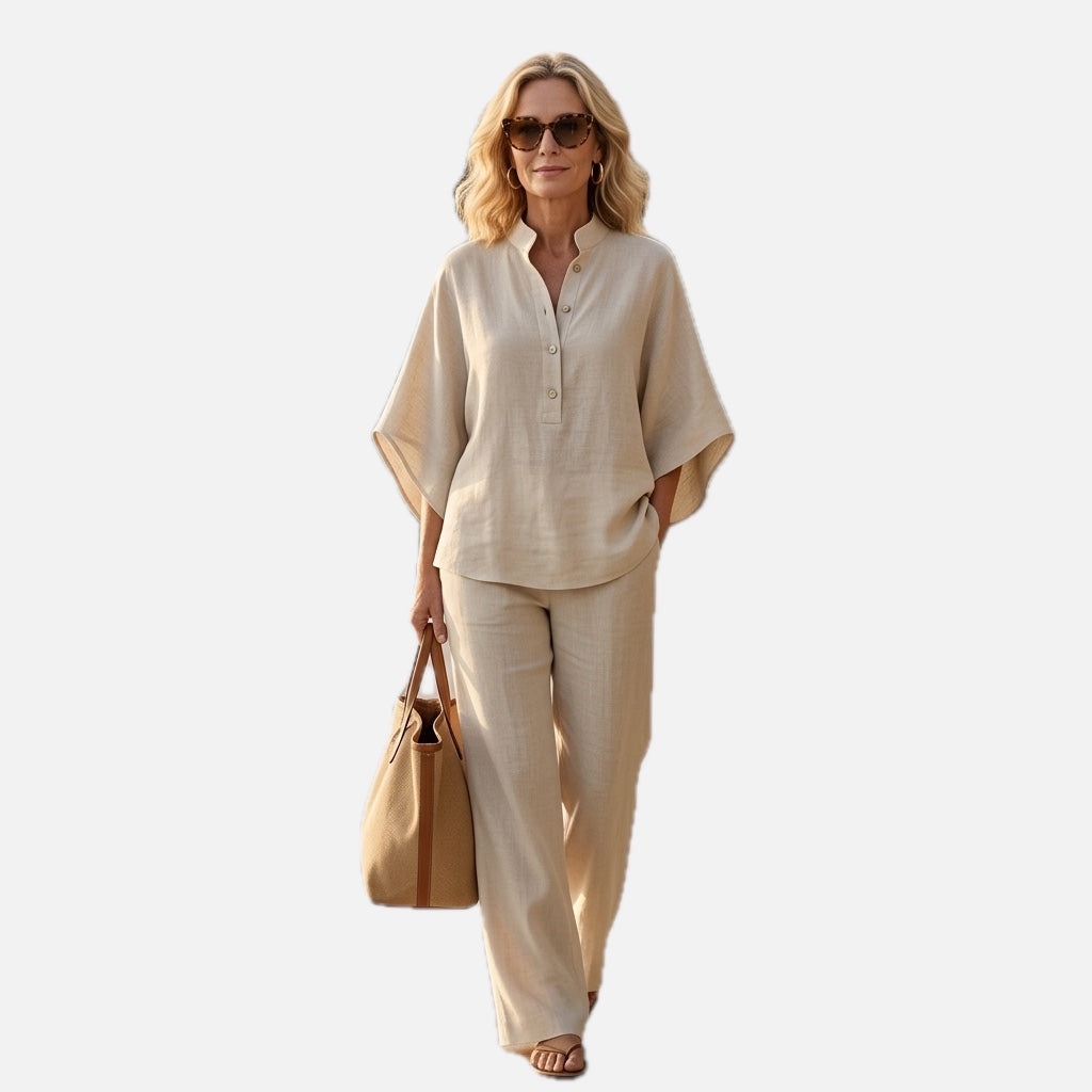 Women's Mandarin Collar Top and Wide Leg Trouser Set