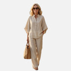 Women's Mandarin Collar Top and Wide Leg Trouser Set