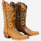 Women's Western Boots with Sunflower Embroidery and Scalloped Topline