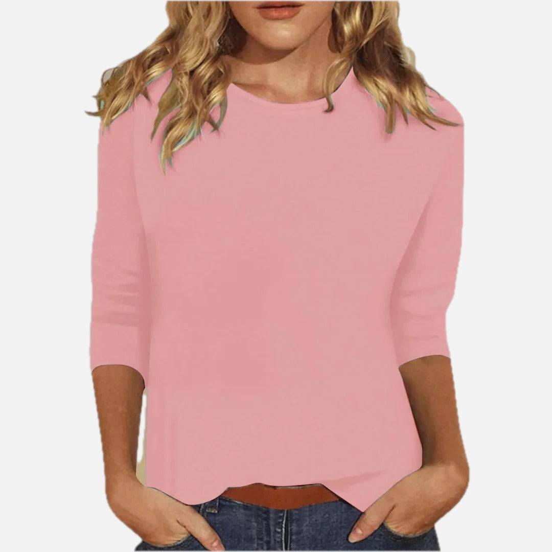 Women's Crew Neck Top with Three-Quarter Sleeves and Relaxed Fit