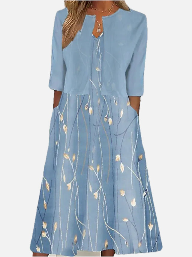 Women's Two Piece Midi Dress with Half Sleeves and Floral Print