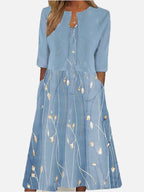 Women's Two Piece Midi Dress with Half Sleeves and Floral Print