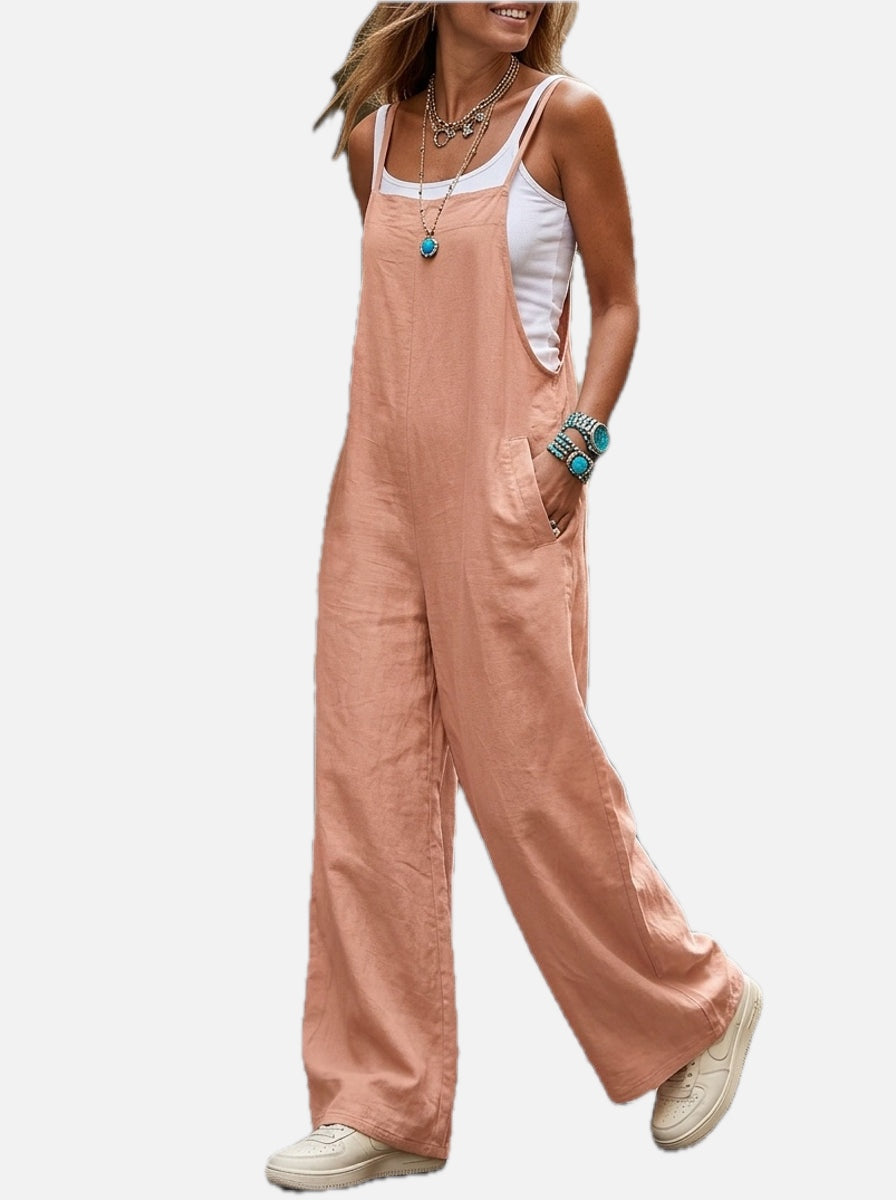 Women's Wide Leg Dungaree Jumpsuit with Adjustable Straps and Pockets