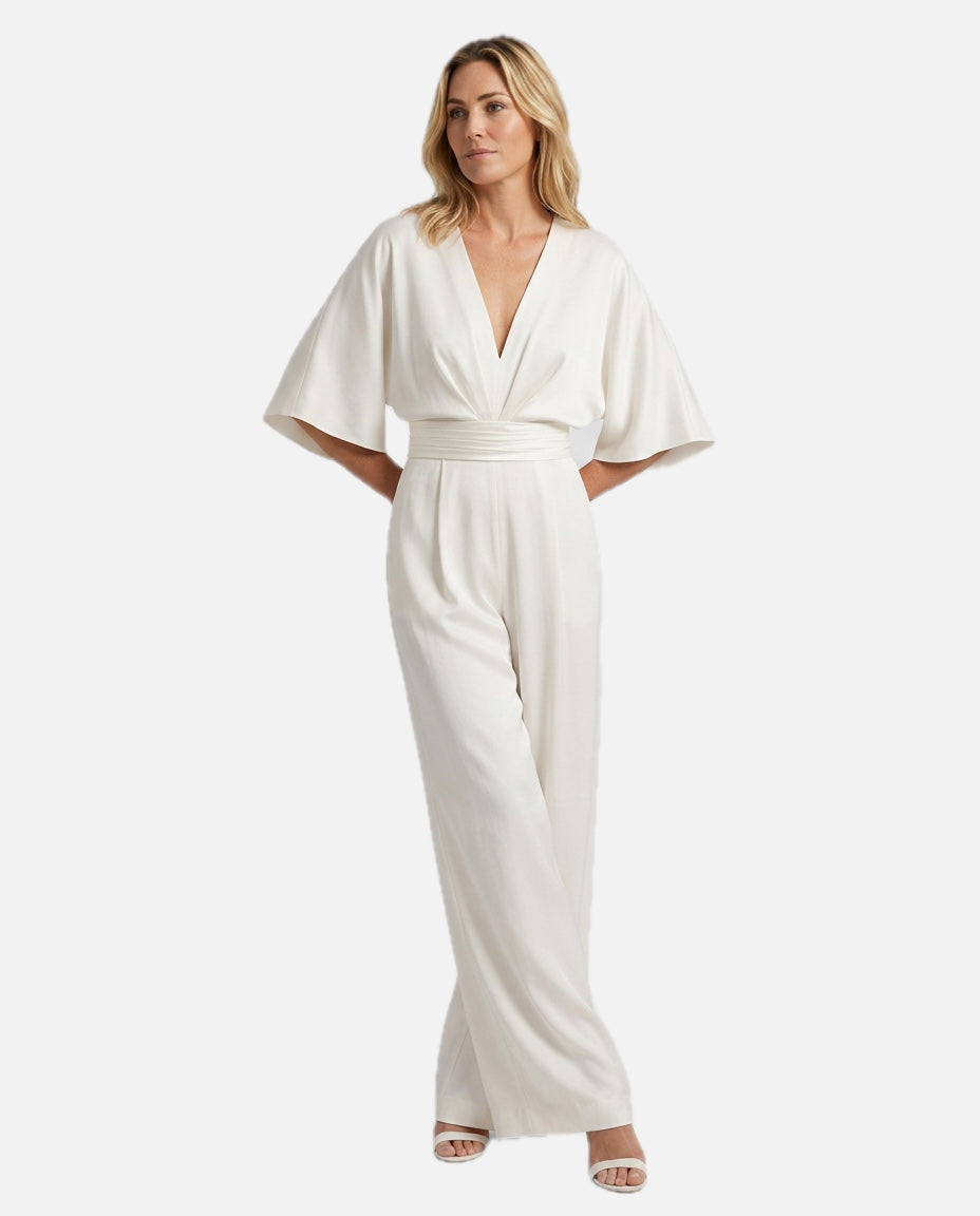 Women's Wide-Leg Jumpsuit with V-Neckline and Flutter Sleeves