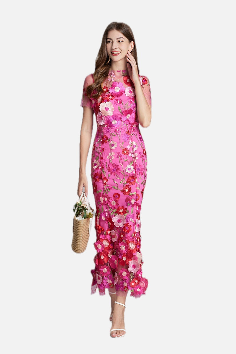 Women's Midi Dress Floral Appliqué with High Neckline and Sheer Sleeves