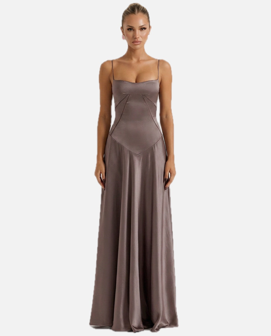 Women's Evening Maxi Dress with Lace-Up Back and Structured Bodice