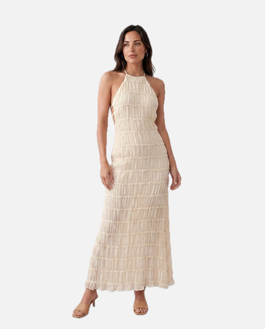 Women's Halter Maxi Dress with Pleated Detail and A-Line Silhouette