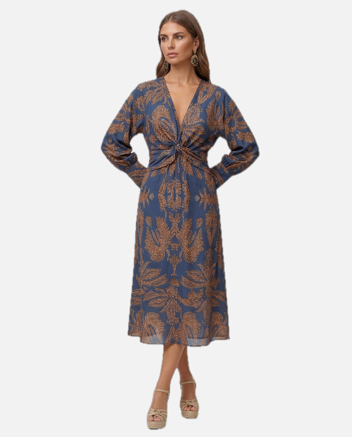 Women's Printed Midi Dress with Tie Waist and V-Neck