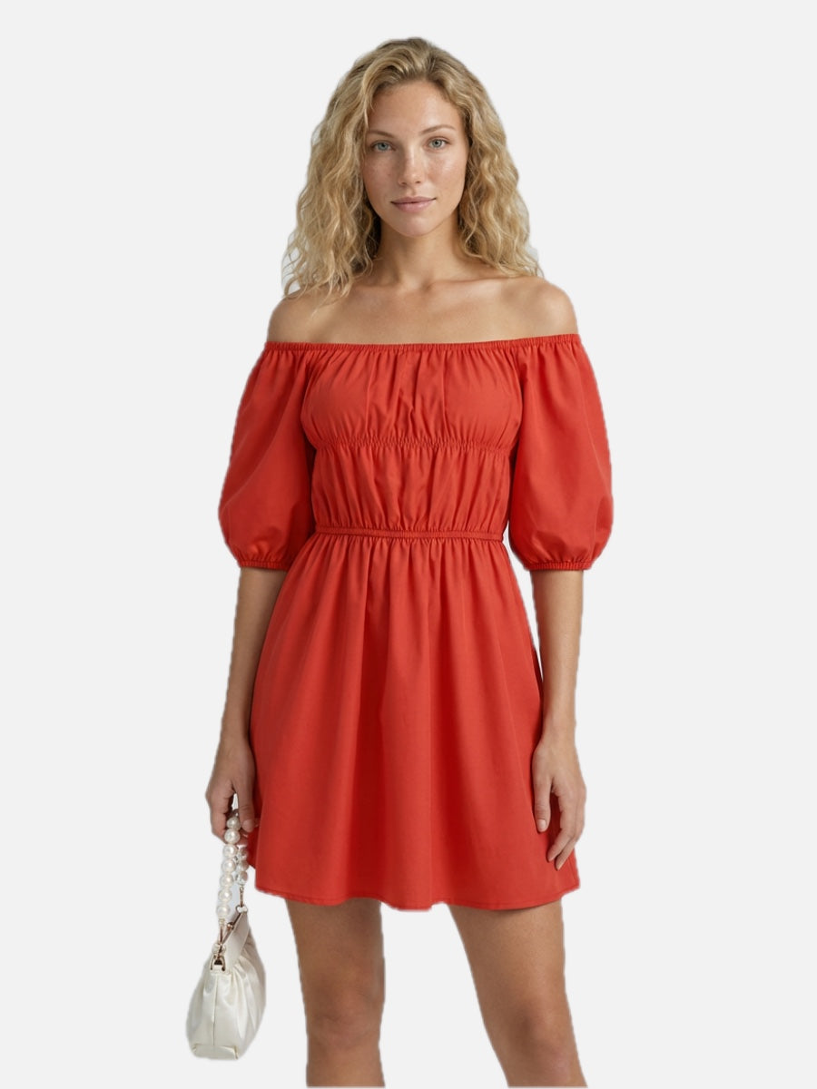 Women's Off-Shoulder Mini Dress with Puff Sleeves and A-Line Silhouette