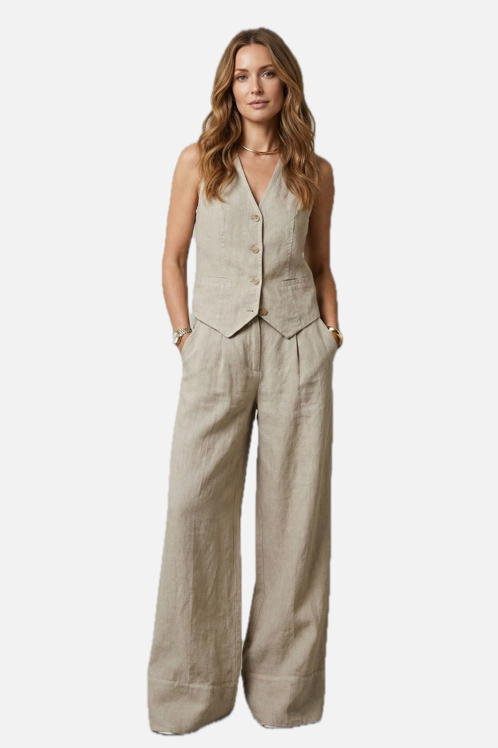 Women's Tailored Vest and Wide-Leg Trouser Set Sleeveless with V-Neck