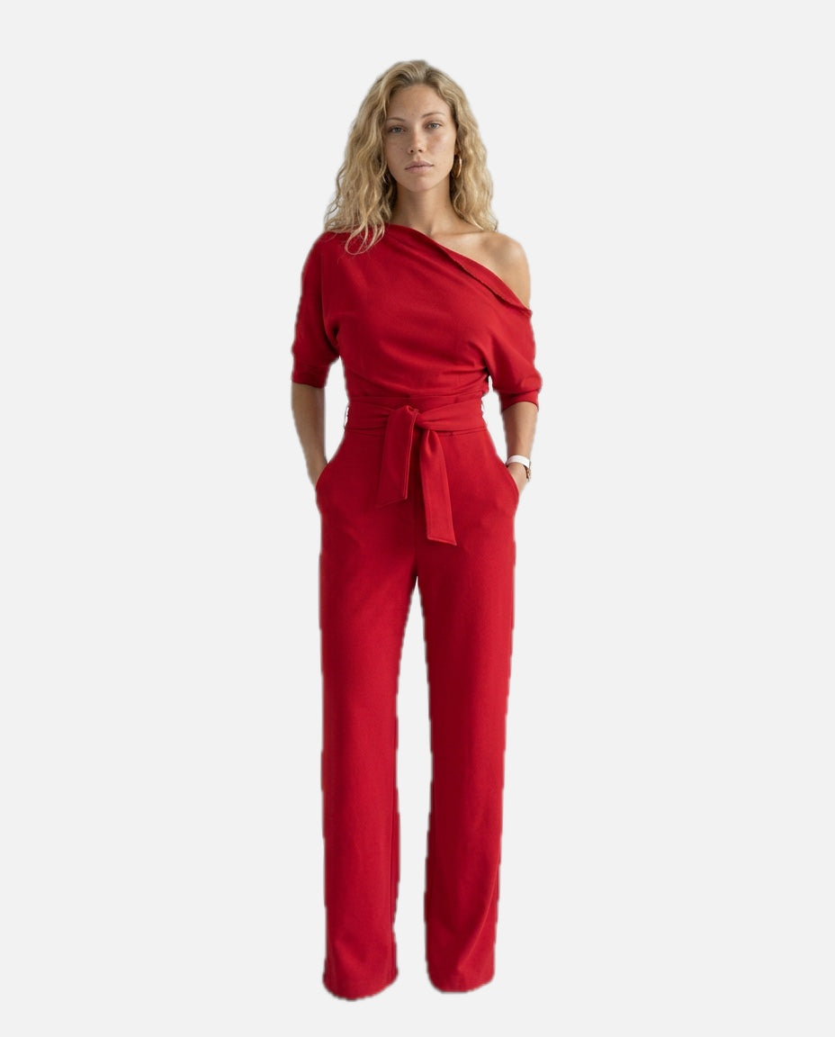 Women's Off-Shoulder Jumpsuit with Wide-Leg Trousers and Tie Belt