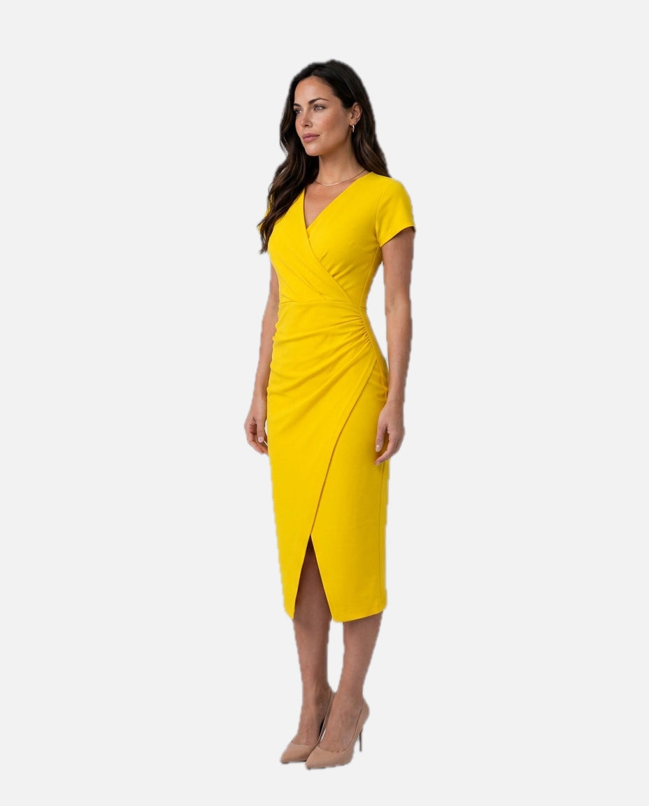 Women's Wrap Midi Dress with Draped Skirt and V-Neck