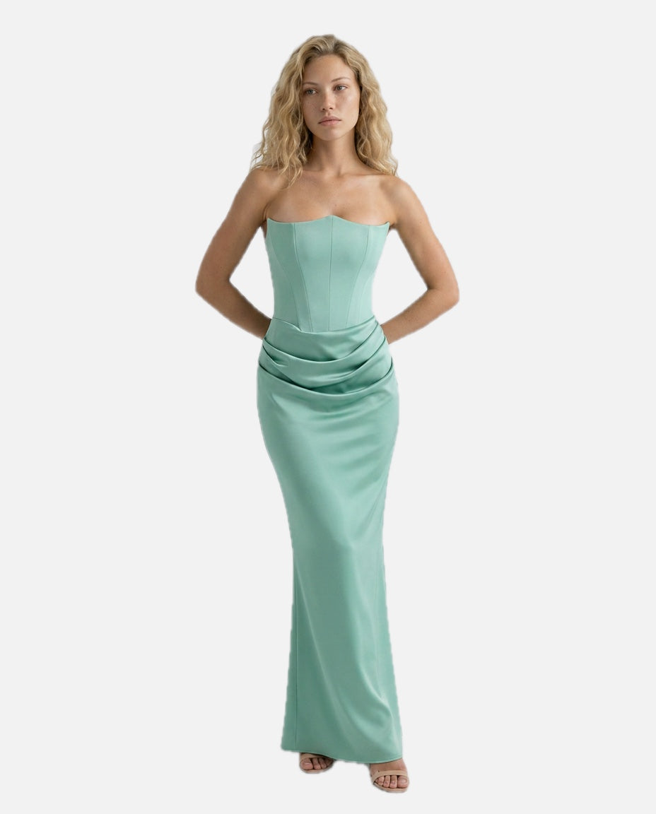 Women's Strapless Corset Maxi Dress with Draped Skirt