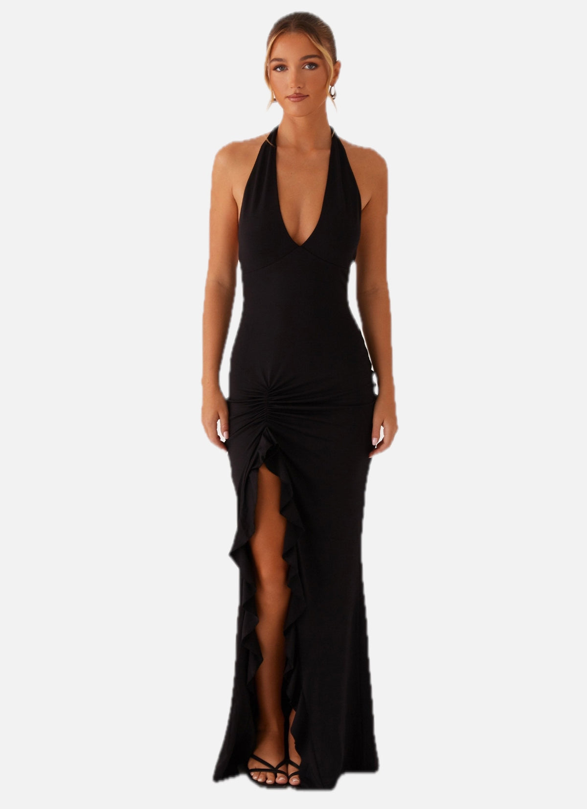 Women's Halter Maxi Dress with Ruffle Thigh Slit and V-Neck - 1