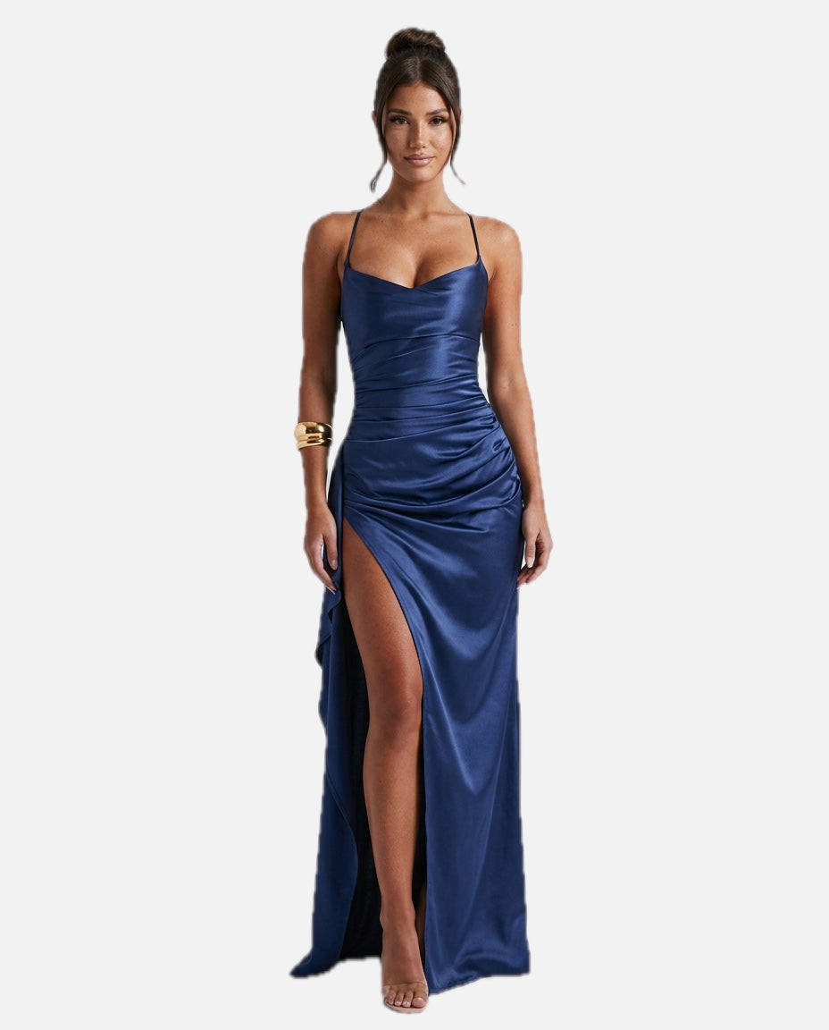 Women's Maxi Dress Sleeveless with Ruched Waist and Thigh-High Slit