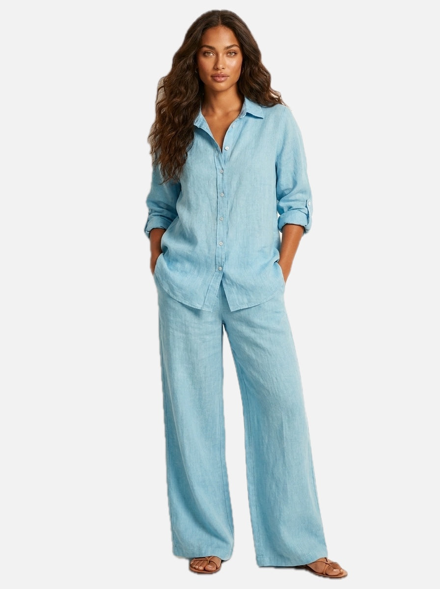 Women's Two-Piece Set Long Sleeve Shirt with Wide-Leg Trousers