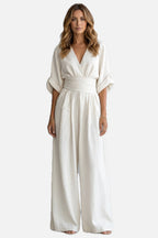 Women's Wide-Leg Jumpsuit with Draped Waist and V-Neck