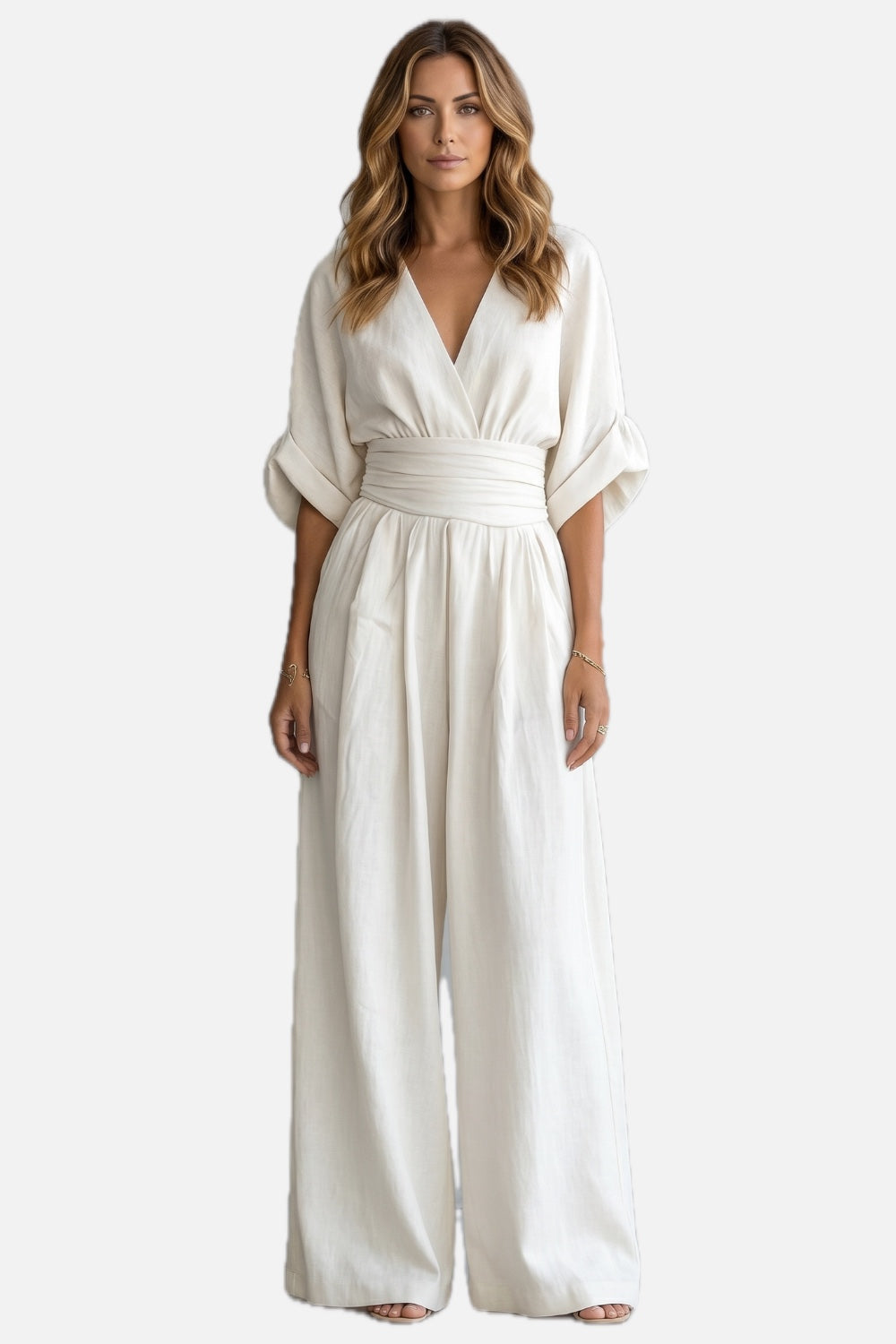 Women's Wide-Leg Jumpsuit with Draped Waist and V-Neck