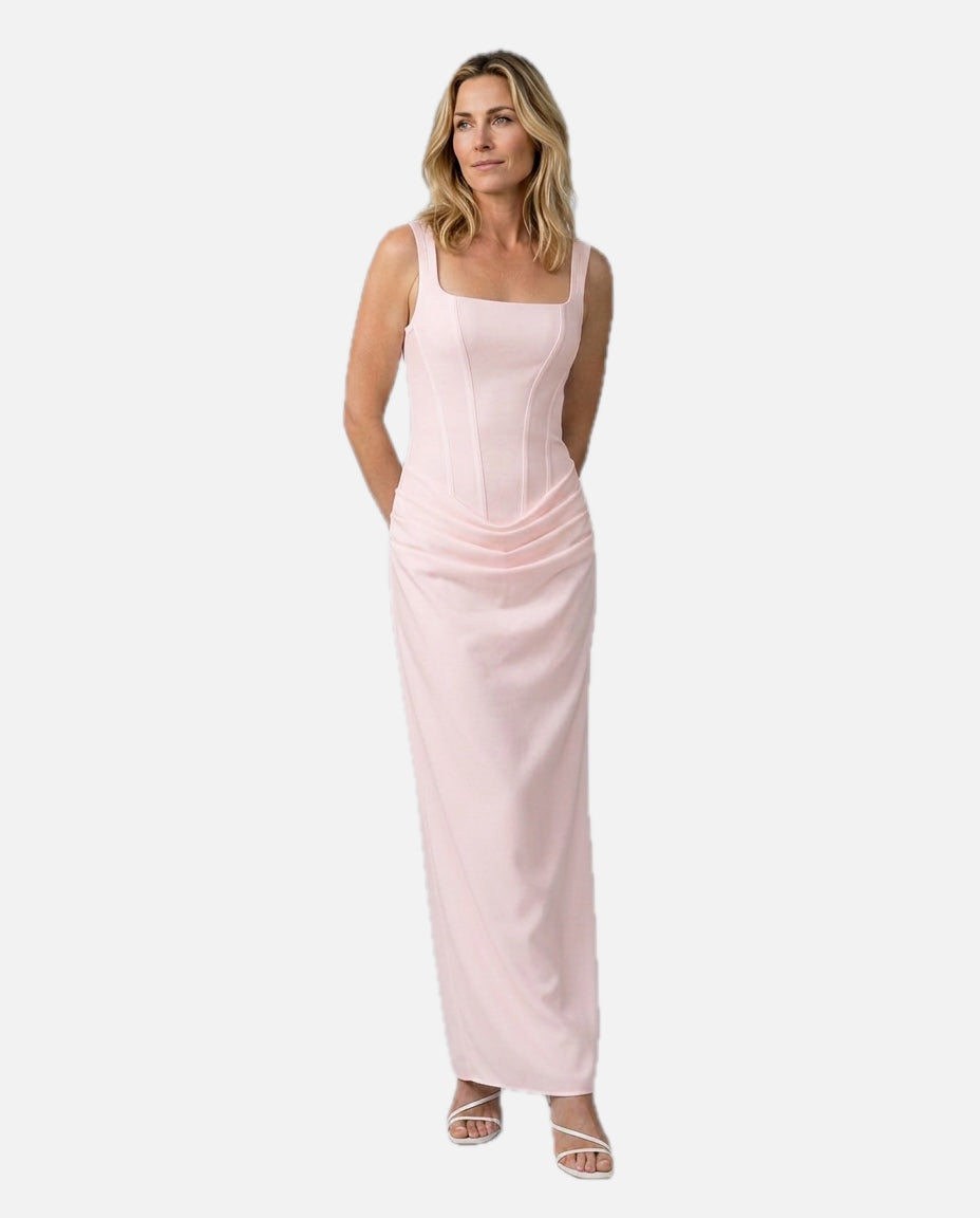 Women's Evening Maxi Dress with Structured Bodice and Draped Skirt