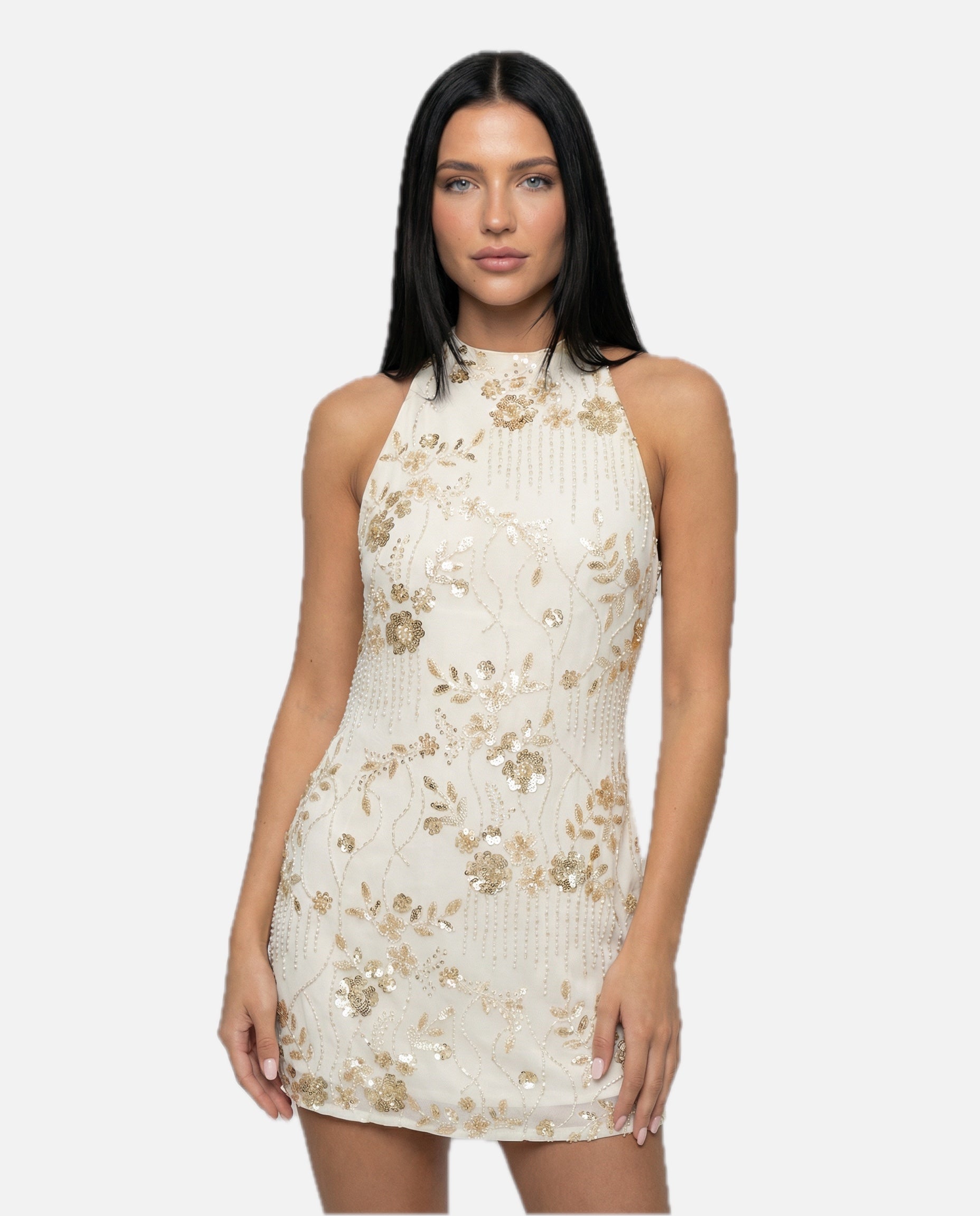 Women's Halterneck Mini Dress with Beaded Floral Design and Open Back