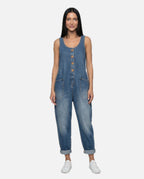 Women's Denim Jumpsuit Sleeveless with Button Front and Tapered Leg - 1